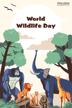 an elephant, giraffe and other animals are standing in front of trees with the words world wildlife day on it