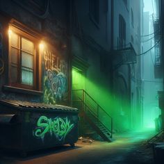 A dark alley with a dumpster featuring graffiti and a green light glowing from a basement window Alleyway Background, Hades Town, Basement Window, Future Album, Alley Way, Animation References, World Of Darkness, Dirty Water, Animation Reference