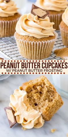 cupcakes with peanut butter frosting on top and in the background, there is a muffin half eaten