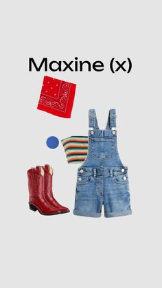 a pair of denim overalls, striped shirt and red boots are featured in the magazine