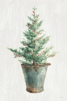 a painting of a small christmas tree in a pot