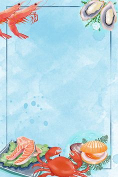 an illustration of lobsters, clams and scallops on a blue watercolor background