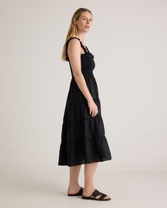 Looking for an effortlessly stylish and comfortable dress that's also sustainable? Our 100% European Linen Smocked Midi Dress has got you covered. Crafted from high-quality linen sourced from Europe, this dress is not only luxurious but also eco-friendly. The smocked design at the bust and waist flatters your figure while offering a relaxed fit that's perfect for all-day wear. And with its midi length, it exudes an air of casual elegance that's perfect for any occasion.  | Quince | Women's 100% European Linen Smocked Midi Dress in Black, Size Medium European Linens, Comfortable Dress, Casual Elegance, Quince, Midi Length, Smocking, Midi Dress, Eco Friendly, Relaxed Fit