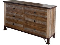 a large wooden dresser with metal handles and drawers on it's sides, against a white background