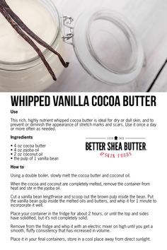 Cocoa Butter Recipes Body Creams, Vanilla And Shea Butter, Coconut Shea Butter Body Butter, Shea Butter And Coconut Oil Body Butter, Cocoa Butter Scent, Shea And Cocoa Butter Body Butter, Body Butter Recipe Homemade