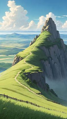 an anime scene with people walking on a path to the top of a grassy hill