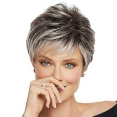 Short Hair Styles Highlights, Curled Pixie Cut, Turban Towel, Wilshire Wigs, Sleek Hair, Hair Turban, Grey Wig, Natural Gray Hair, Short Grey Hair