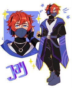 an anime character with red hair and blue eyes wearing a black mask, standing next to another