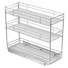 three tiered metal shelf with drawers and shelves on the bottom, in front of a white background