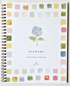 a notebook with watercolor squares and a flower on the cover that says, flowers