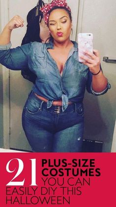 a woman taking a selfie in front of a mirror with the caption, 21 plus size costumes you can easily do this halloween