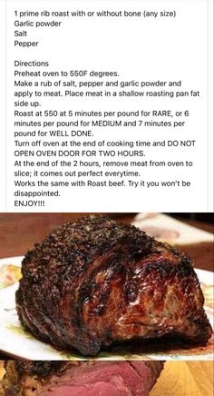 an image of a steak on a plate with the caption that reads, roast 50 minutes per pound for medium and 7 minutes per pound