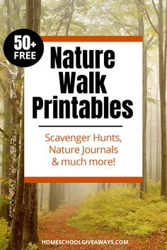 the cover of nature walk printables with trees and leaves in the foreground