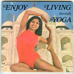 a woman in an orange swimsuit is doing yoga