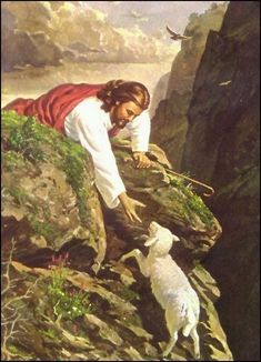 a painting of jesus climbing up a mountain with two lambs looking at him from below