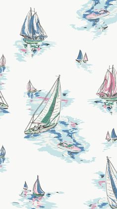 several sailboats floating in the water on a white background with blue and pink colors