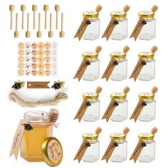 the contents of a mason jar with bees and honey stickers are shown in this image