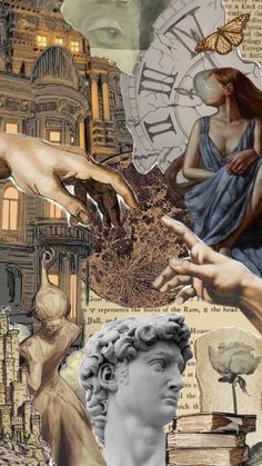 collage of images with hands reaching out to touch the hand of a woman's head