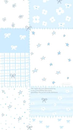 blue and white wallpaper with stars, clouds, and bows on it's sides