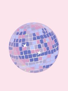 a pink and blue disco ball with white stars on it's side, against a light pink background