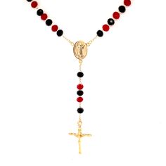 The Rosary Necklace with Crucifix Pendant - Red and Black Crystal Beads is adorned with striking red and black crystal beads. It highlights a gold centerpiece featuring an image of a saint and ends in an elegant gold crucifix pendant. The beads are arranged in a loop, with a short, graceful section leading to the crucifix. Cheap Red Cross Necklace, Red Spiritual Jewelry With Black Beads, Spiritual Red Jewelry With Black Beads, Spiritual Red Jewelry With Faceted Beads, Red Necklace With Black Beads For Gift, Red Necklace With Black Beads As Gift, Spiritual Single Strand Black Jewelry, Spiritual Protection, Rosary Necklace