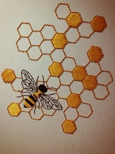 embroidered bees on honeycombs in the shape of hexagons with yellow thread