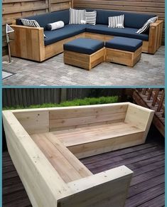 two pictures show different types of outdoor furniture made out of pallets and wood planks