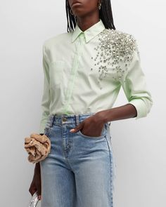 Get free shipping on Hellessy Alfred Crystal-Embroidered Button-Front Shirt at Neiman Marcus. Shop the latest luxury fashions from top designers. Shirts With Rhinestones, T Shirt Collar Embroidery, Rhinestone Collar Shirt, Machine Embroidery Shirt Designs, Button Up Embroidery, Embellished Tops For Women, Shirt Patches Ideas, Embellished T Shirt, Shoulder Embroidery Designs