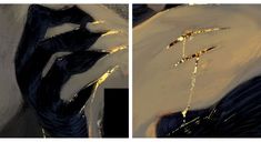 two paintings with gold paint on them, one in black and the other in white