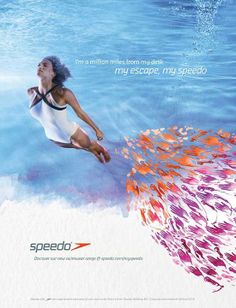 an advertisement for speedo swimwear featuring a woman diving in the water with fish