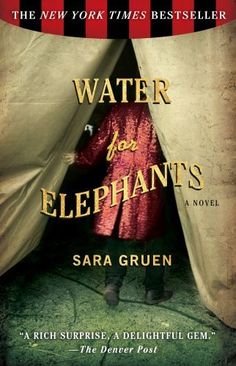 the cover of water for elephants by sara gruen, with an image of a woman in a red coat