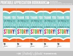 printable appreciation bookmarks for students to write and write their story, with the words written