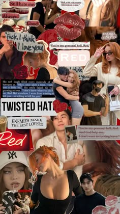 the collage shows many different people in hats and clothing, including one woman with red hair