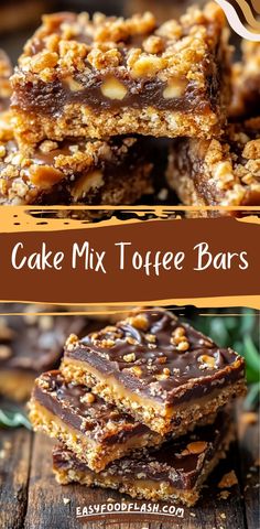 homemade cake mix toffee bars stacked on top of each other