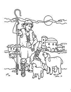 a black and white drawing of a shepherd with his sheep