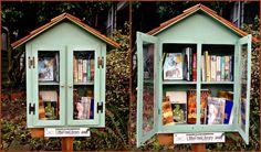 two bookshelves that have been painted green with pictures on the front and back