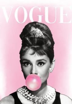 a woman blowing a bubble on top of a pink background with the word voque above her head