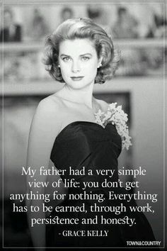 a black and white photo with a quote from grace kelly on her face, in front of