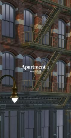 an apartment building with fire escape stairs in front of it and the words apartment above