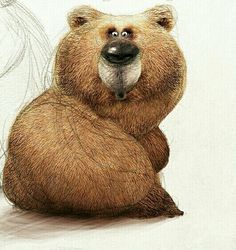 a drawing of a brown bear with its mouth open and tongue out, sitting on the ground