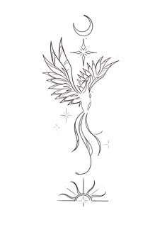 a line drawing of a bird with wings and stars on it's back side