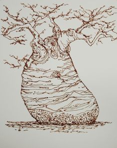 a drawing of a tree in a vase with leaves on the bottom and branches growing out of it