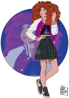 a girl with red hair is standing in front of a purple and black background, wearing a