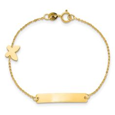 14K yellow gold polished finish children's butterfly and ID charm bracelet with spring ring clasp cable chain. Chain measures approximately 5 1/2"L x 1/16"W, ID charm measures 7/8"L x 3/16"W and butterfly charm measures 1/4"L x 5/16"W. Cable Bracelets, Id Bracelets, Childrens Jewelry, Magnetic Bracelet, Gold Butterfly, Butterfly Charm, Gold Polish, Butterfly Design, Bracelets And Charms