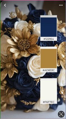 a wedding bouquet with blue and gold flowers on it, the color scheme is brown