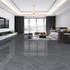 a modern living room with marble floors and large windows