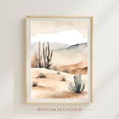 a watercolor painting of desert scene with cacti and mountains in the background