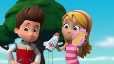 a cartoon boy and girl standing next to each other in front of a tree holding a toothbrush