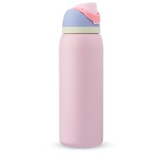 a pink and blue water bottle on a white background