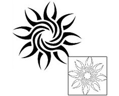 a black and white drawing of a sun with an abstract design in the center on a white background